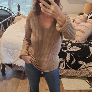 Pact Tan V-Neck Sweater with bow on back